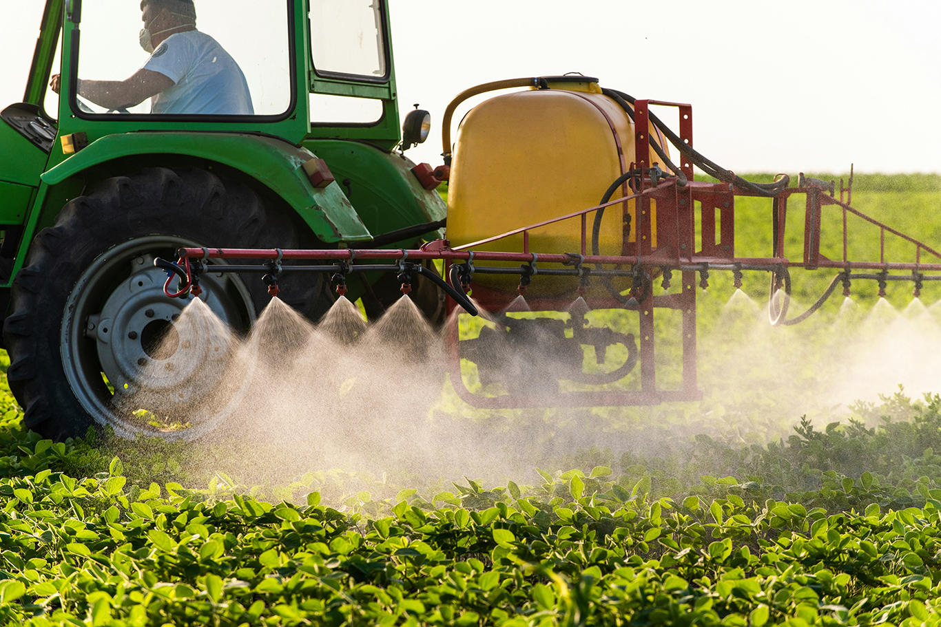 Spraying pesticides in a springtime soybean field.
