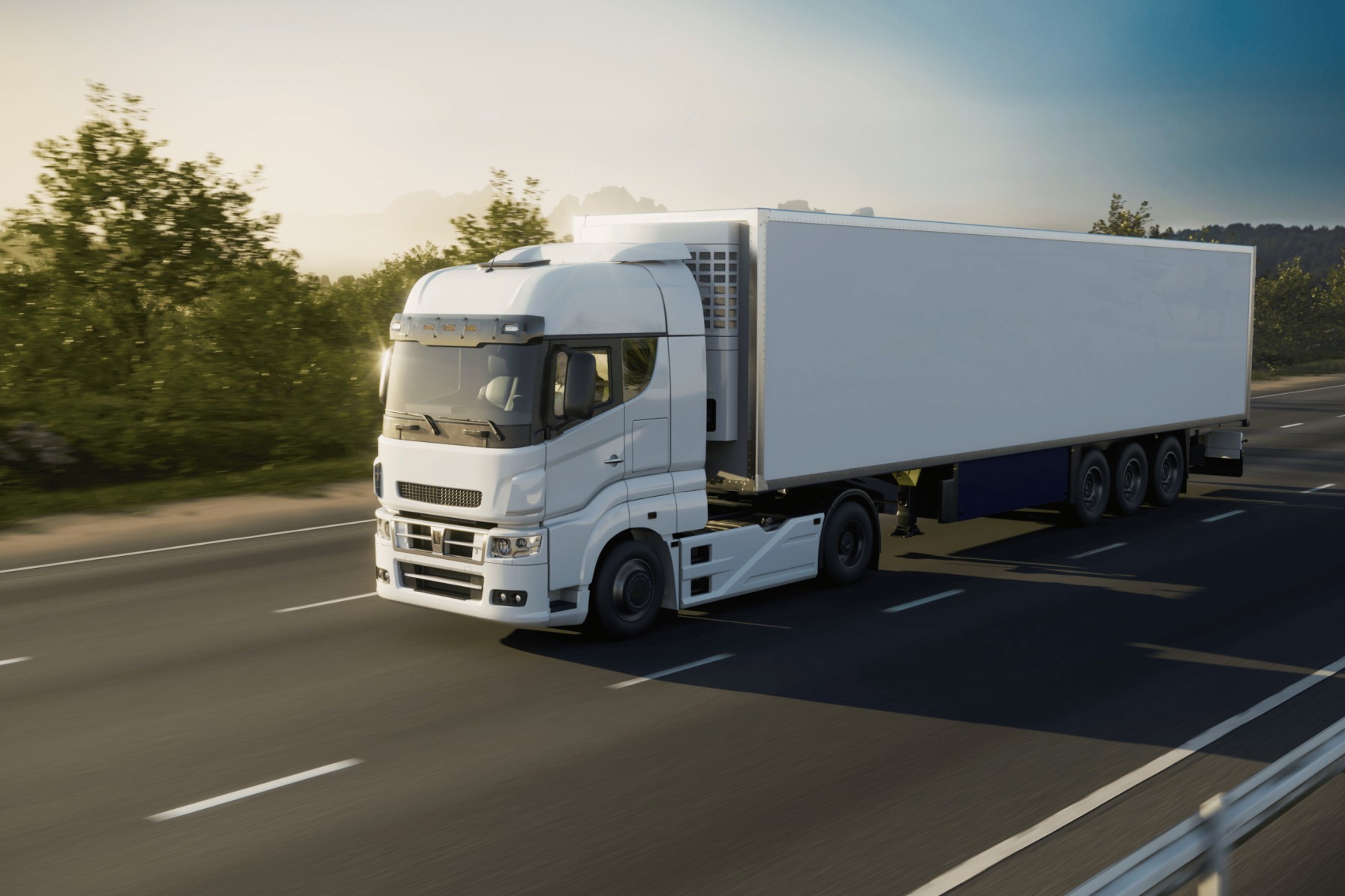 white truck speeding on the road