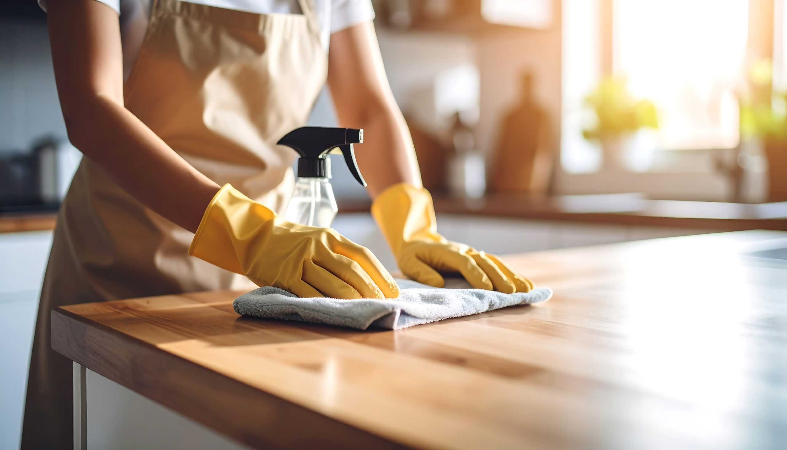 Person in gloves cleaning a wooden kitchen surface