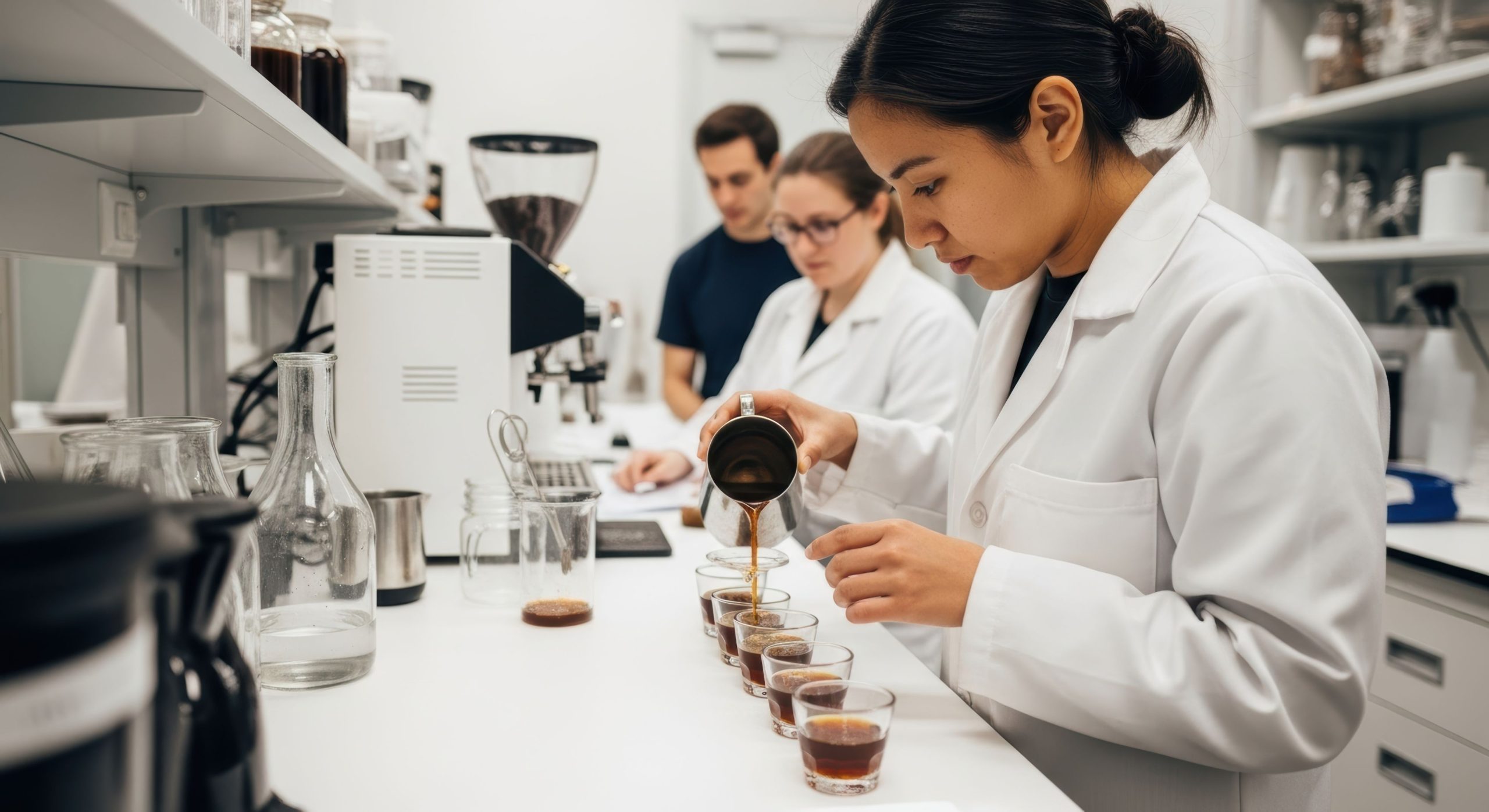 Lab employee conducting coffee cupping quality test in laboratory setting.