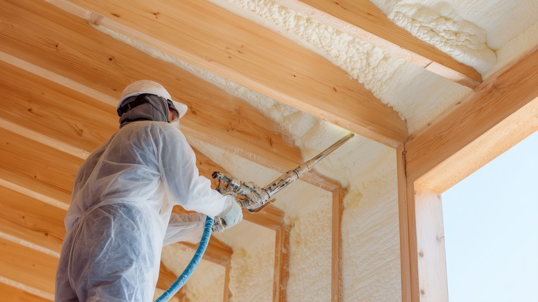 Construction worker using spray gun to apply polyurethane foam insulation.