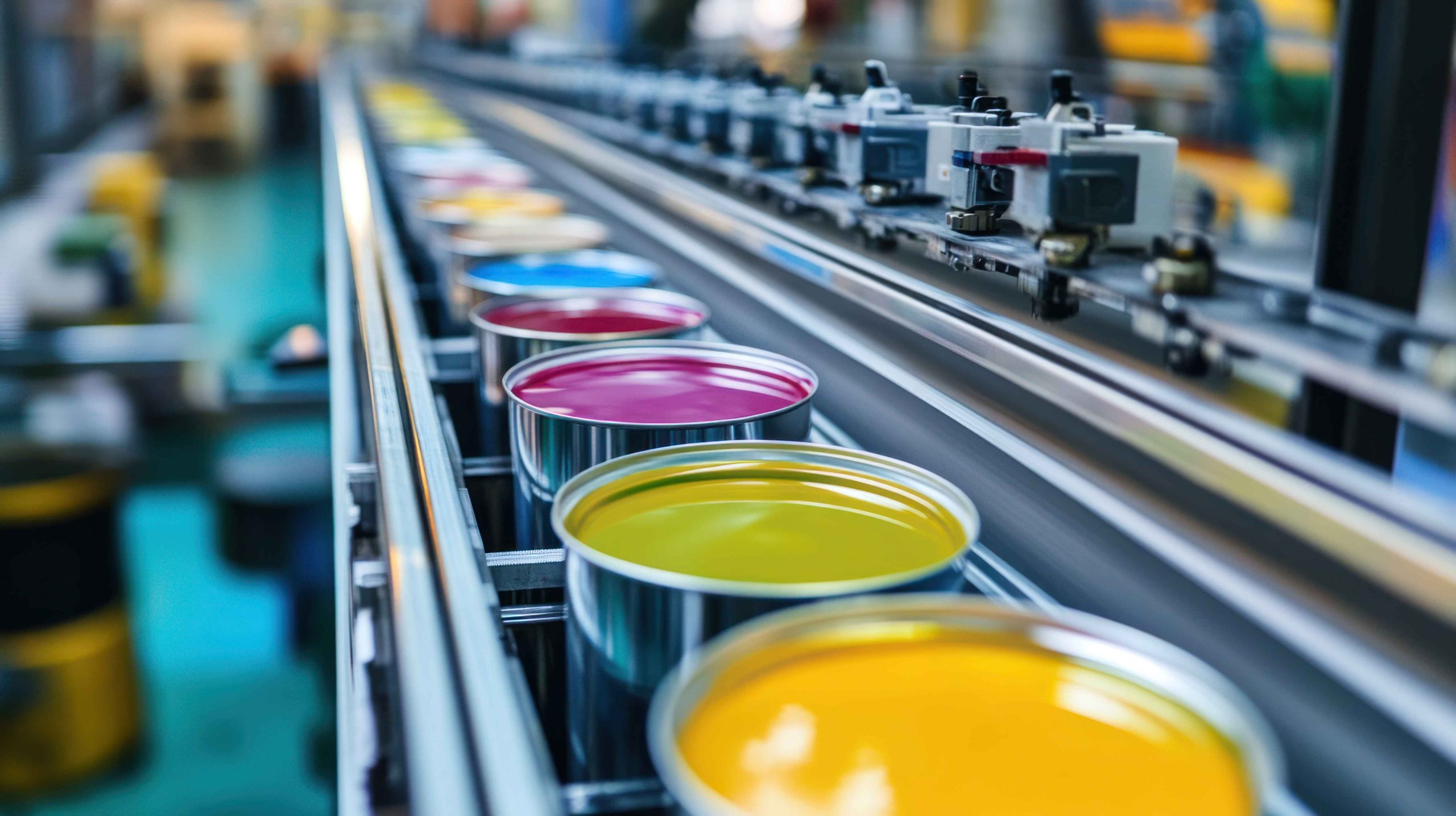 Paint filling line with metal cans gliding along, nozzles dispensing exact quantities of color.