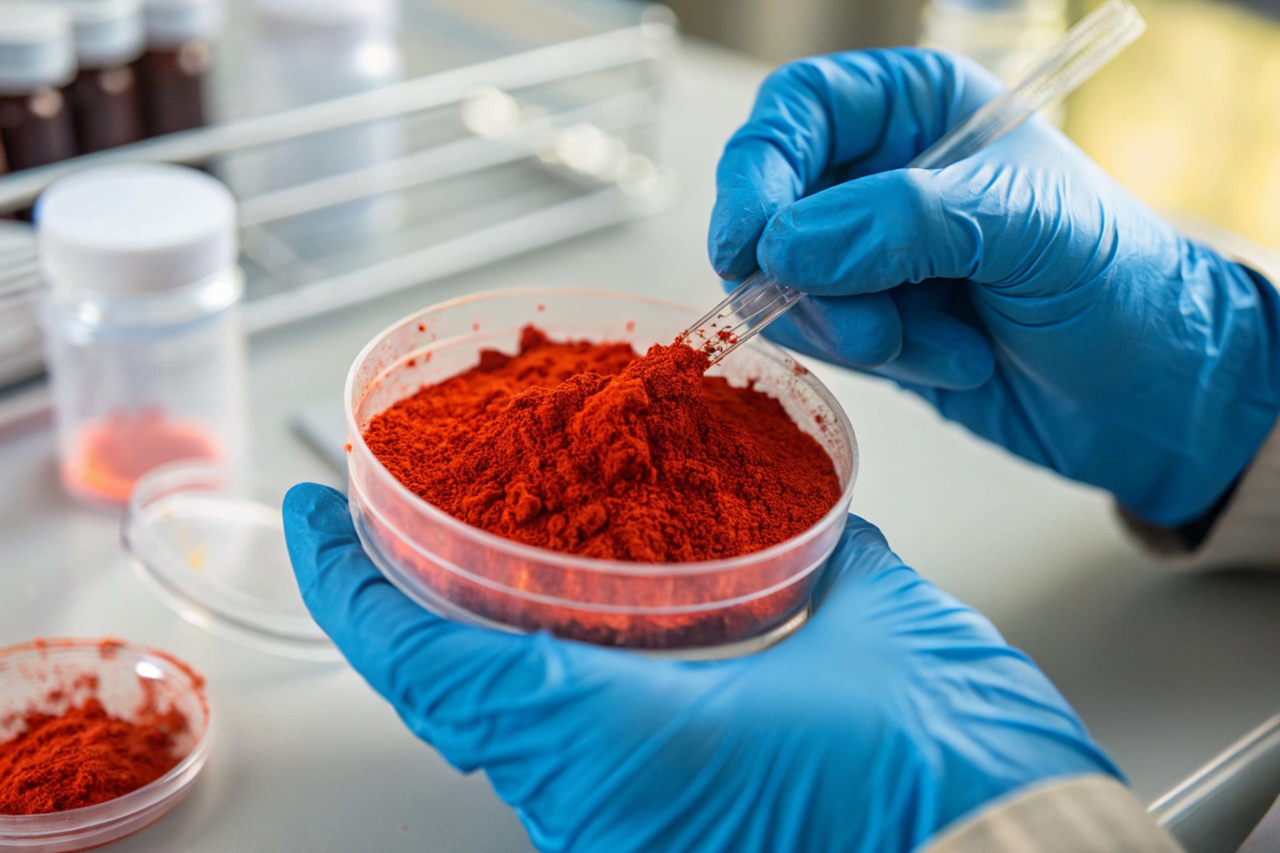Red pigment powder in clear container held by gloved hands.