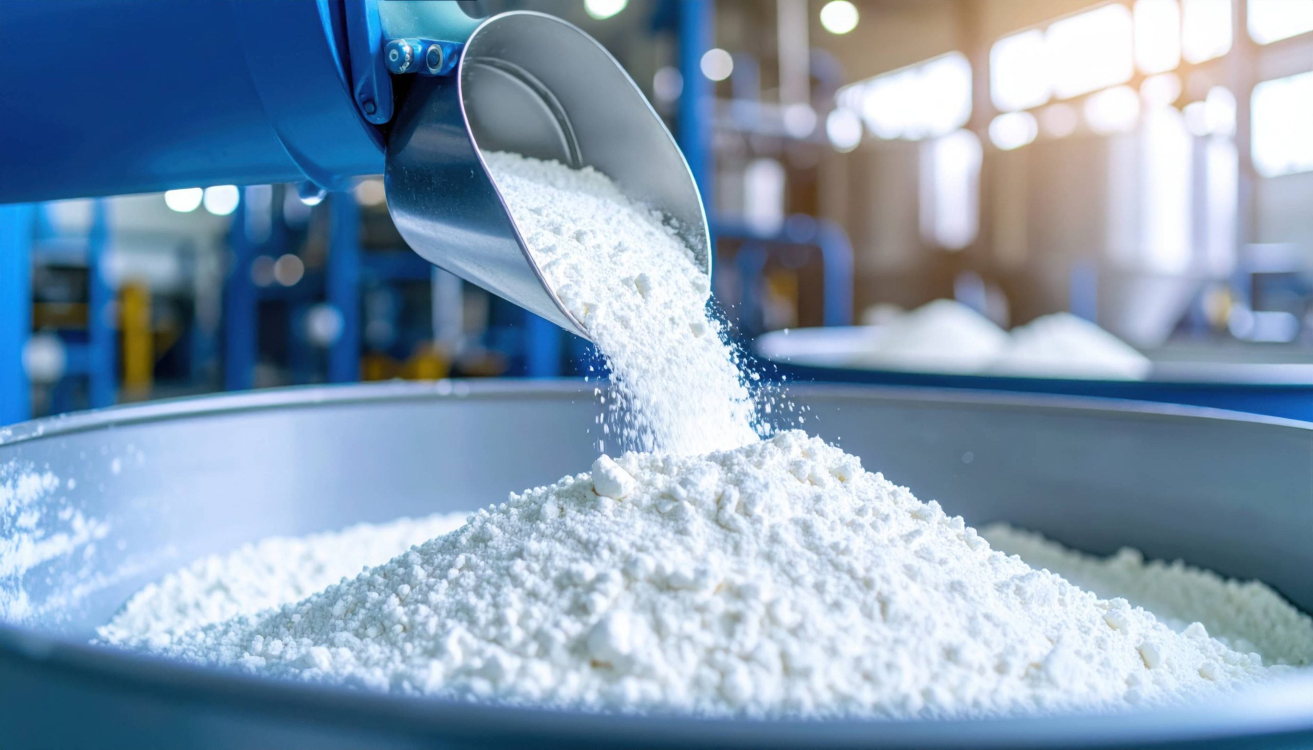 Industrial scene of powdered substance being poured in a factory environment.
