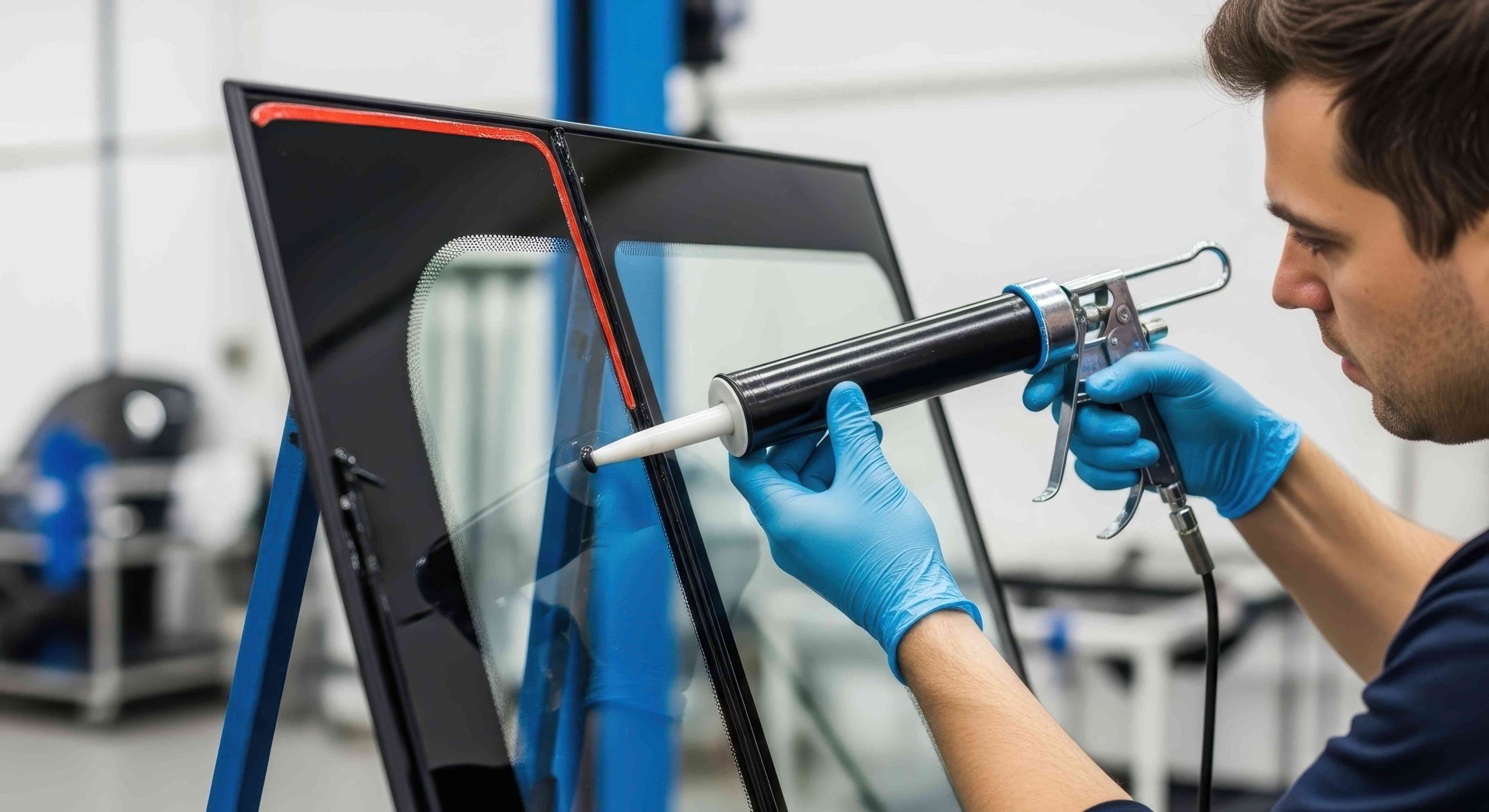 Automotive Technician Applying Sealant to Car Windshield for Installation.