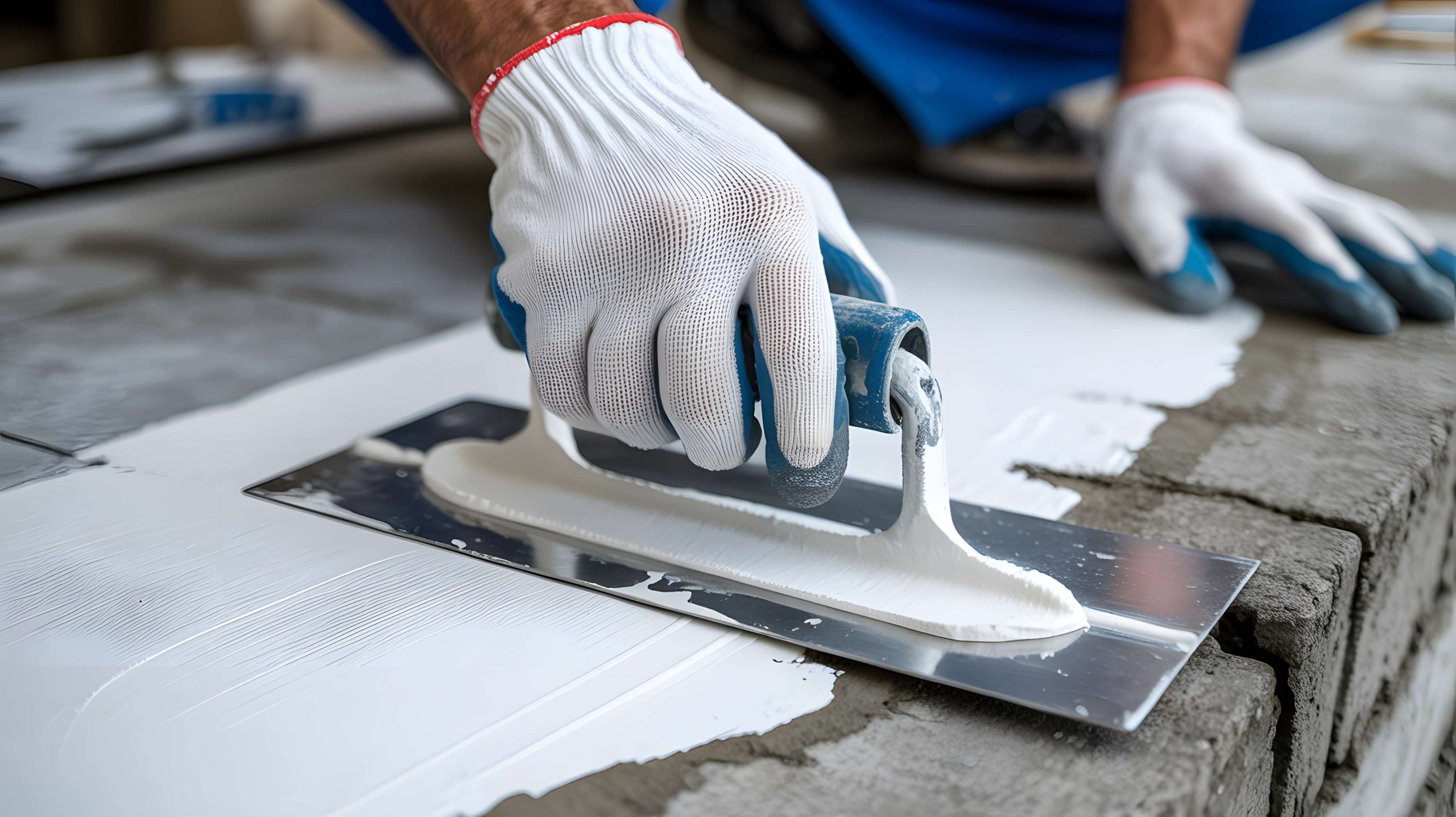 A gloved hand applies white adhesive to a tile with a notched trowel
