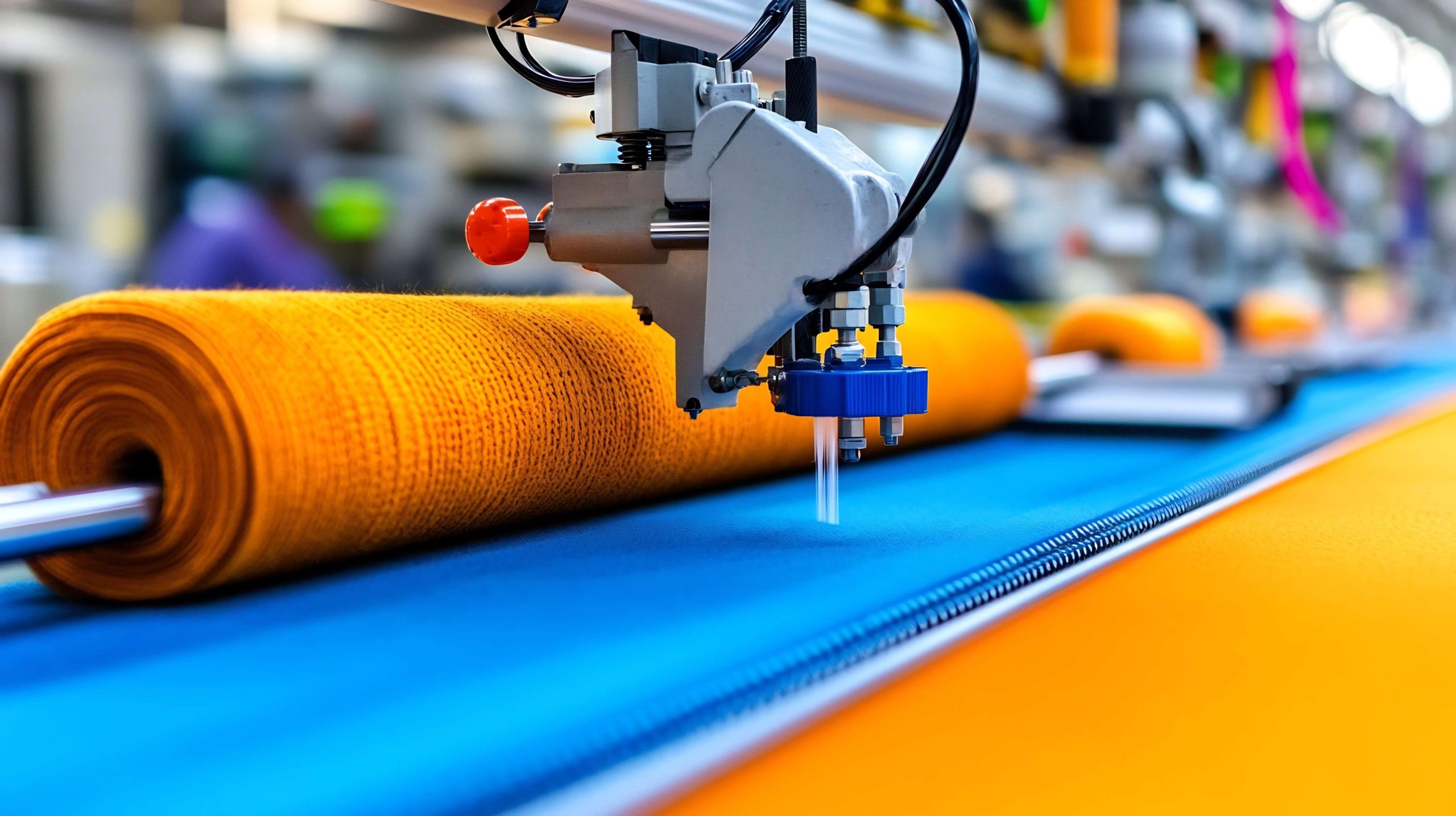 Automated Dispenser Spraying Glue onto Textiles on a Production Line for Adhesive Fabric Solutions