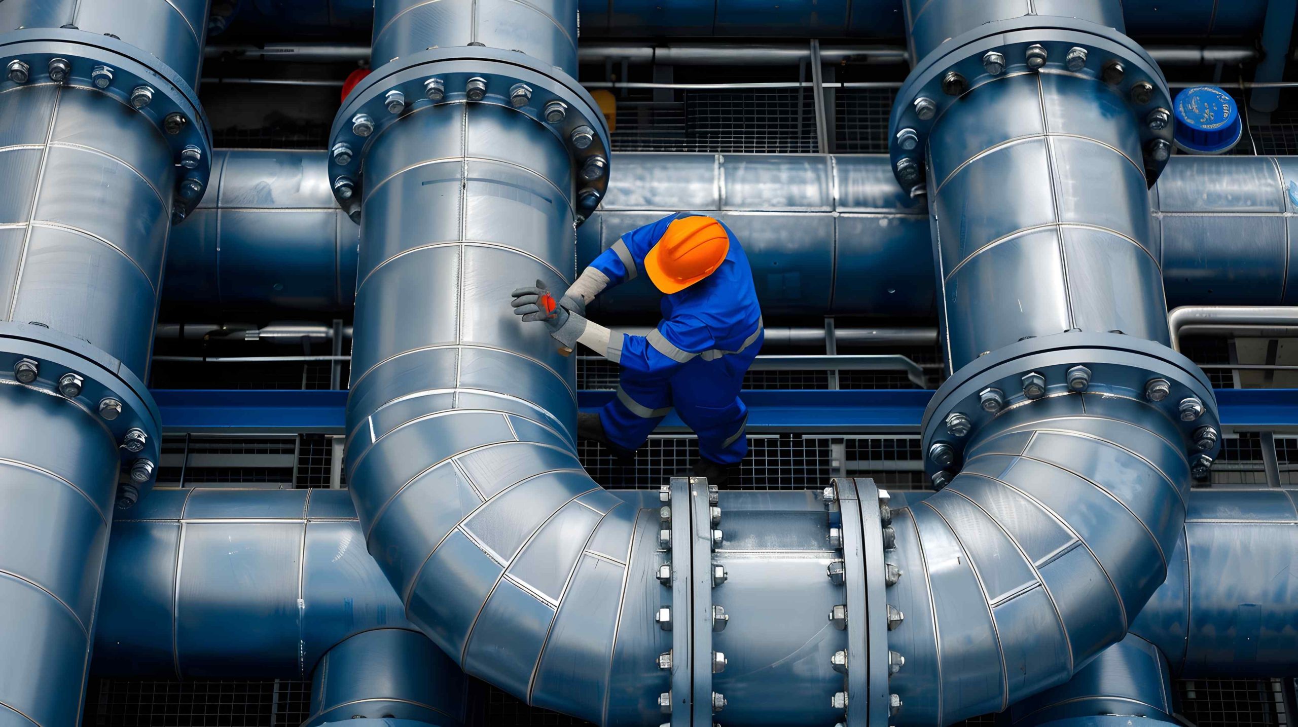 Aerial view of a gas processing plant with intricate pipeline network and workers conducting routine inspections and maintenance of the industrial facilities and equipment