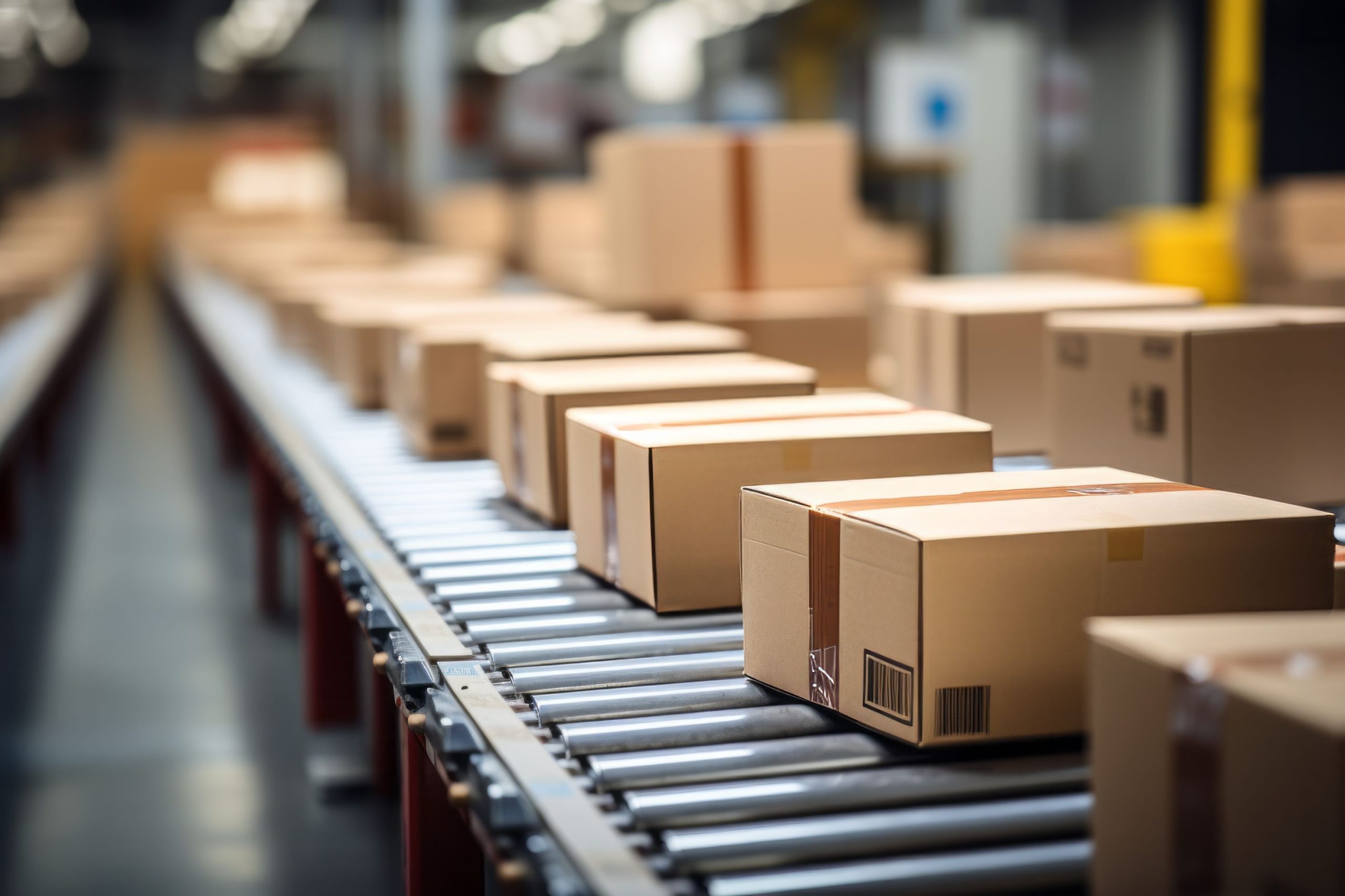 Close-up of multiple cardboard box packages on conveyor belt