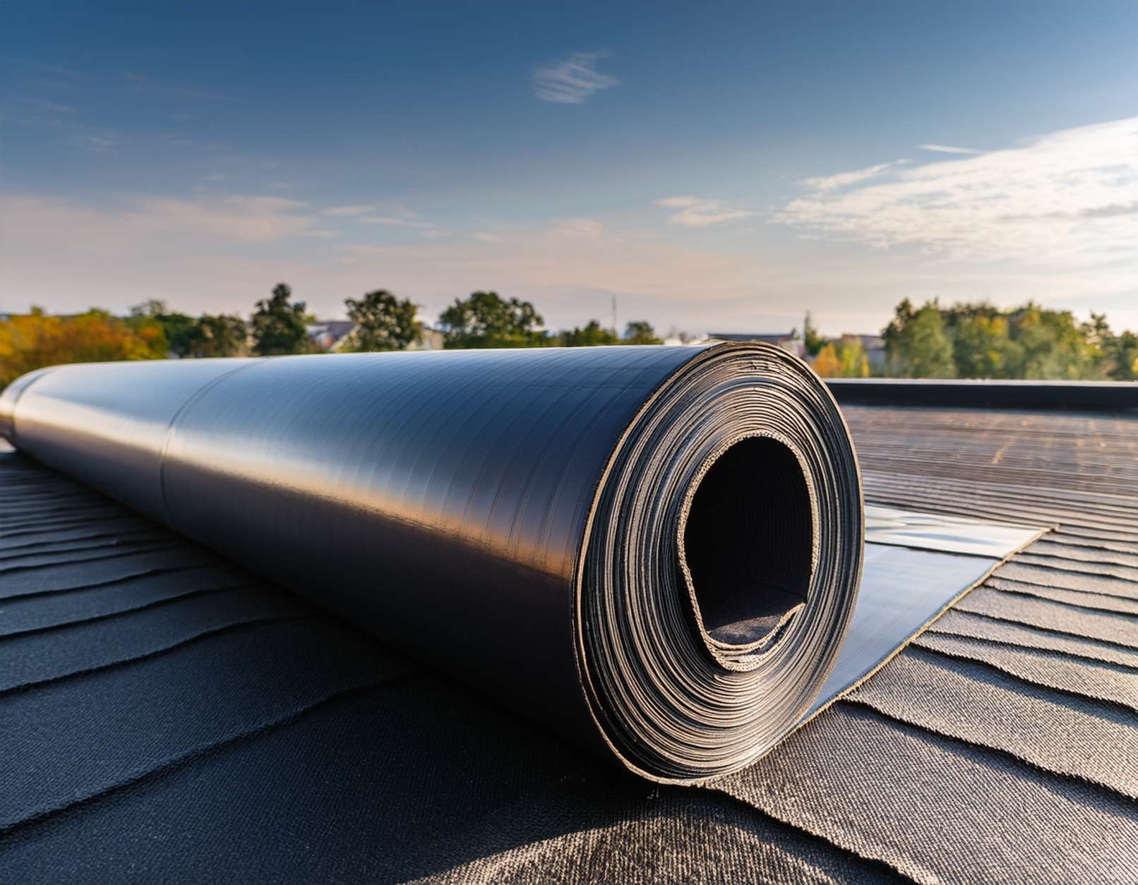 roll of epdm rubber material on a modern roof with a slight sheen waterproofing