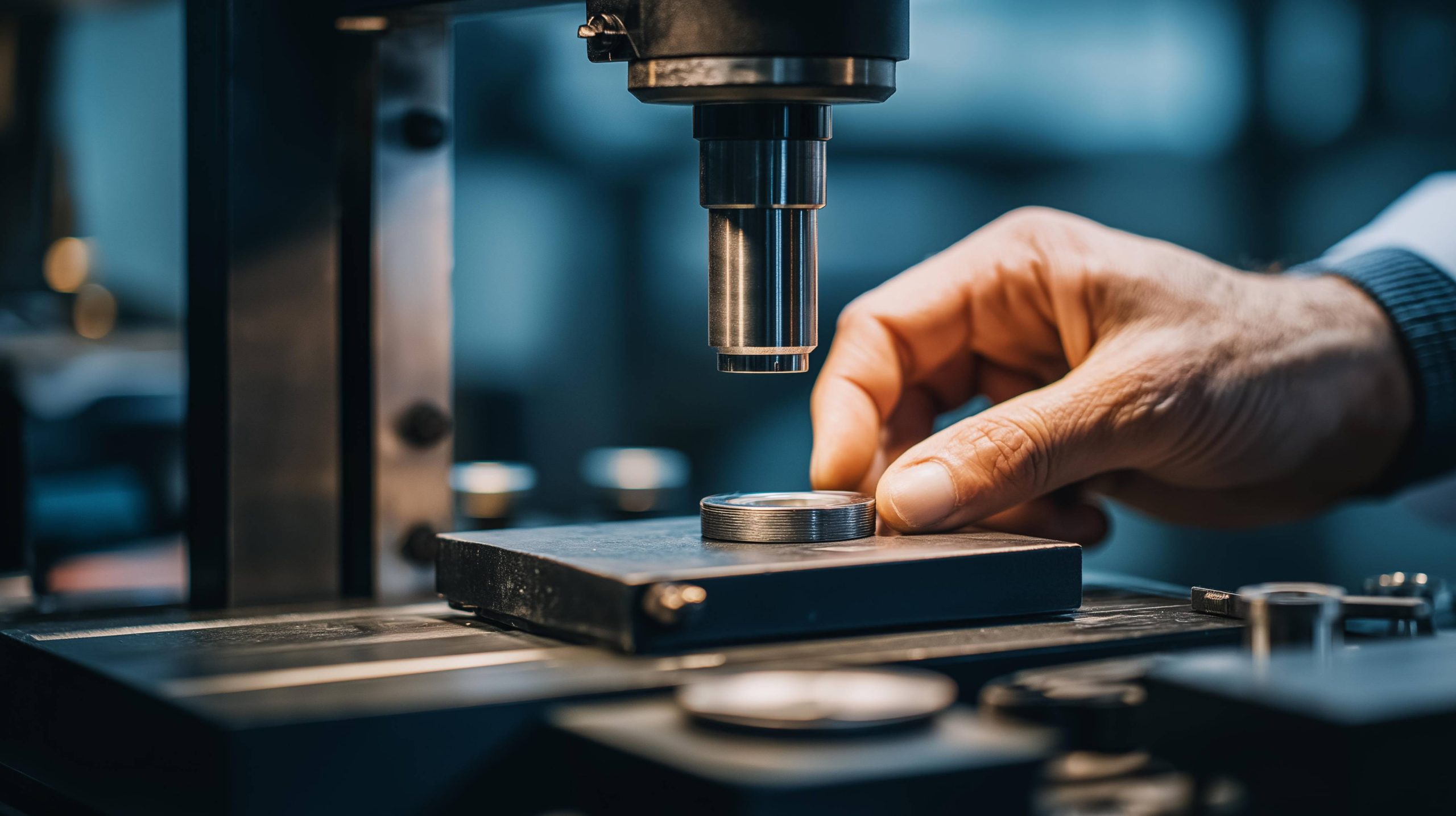 Technician testing rubber component flexibility with measurement device.