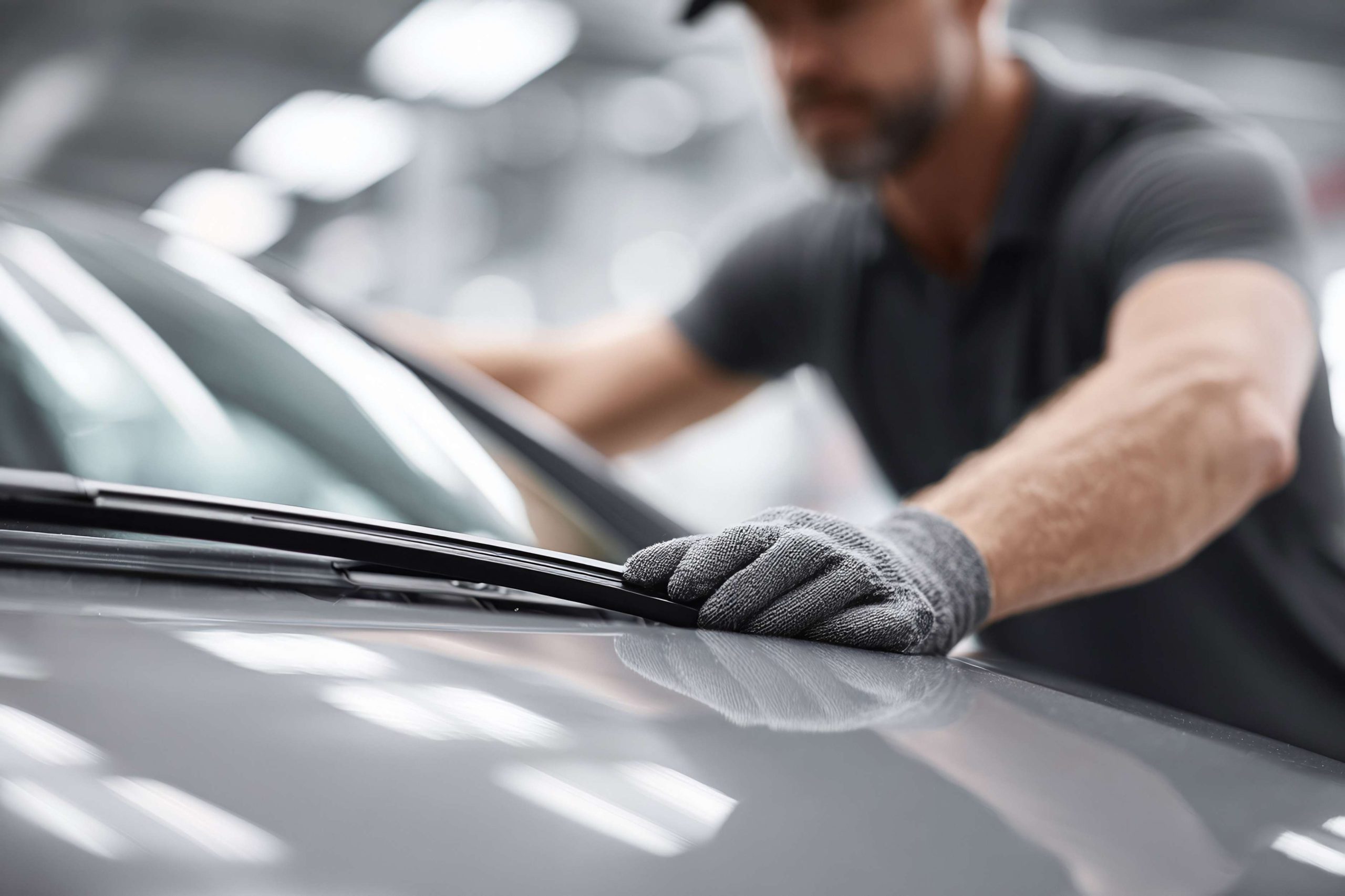 Closeup of gloved hands working on a car windshield wiper.