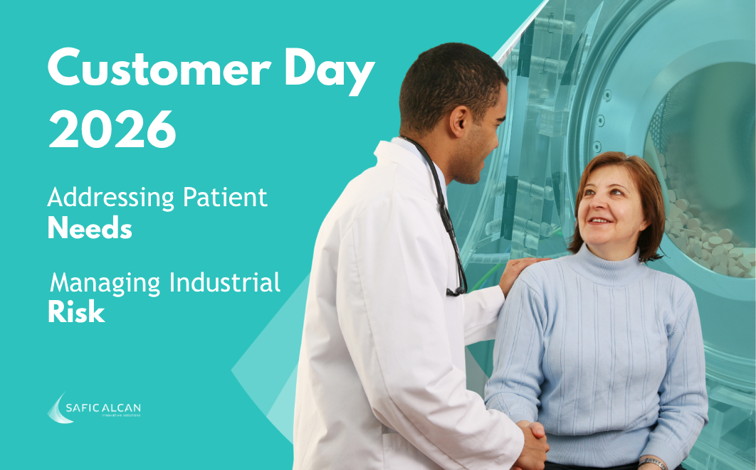 Doctor shaking hands with a patient in front of pharmaceutical manufacturing equipment, promoting Customer Day 2026 focused on patient needs and industrial performance.