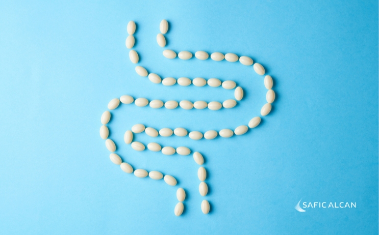 White capsules arranged in the shape of a human digestive system on a blue background, symbolizing oral drug delivery and gastrointestinal health.