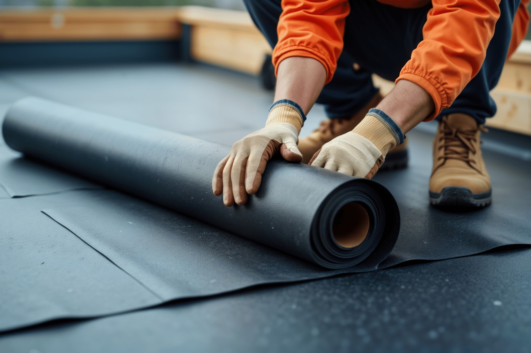 Rolls or rubber being applied in a construction environment