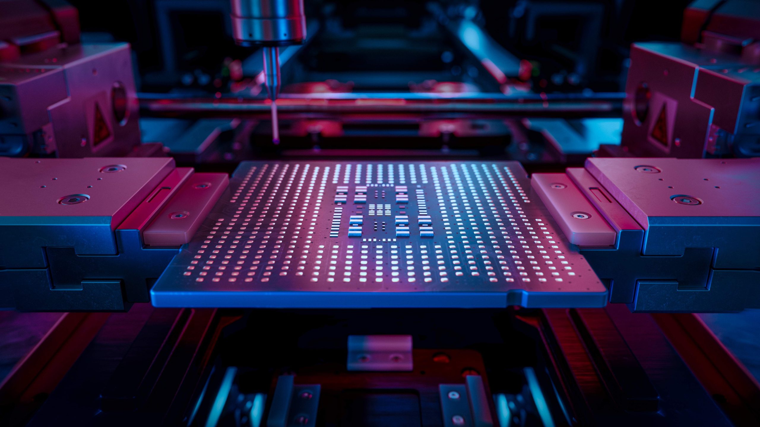 Close-up of Microchip on Conveyor Line during Production and Packaging Process on Semiconductor Fab Processor at Engineering Lab. Computer Chip illuminated with Red Light in Industrial Environment.
