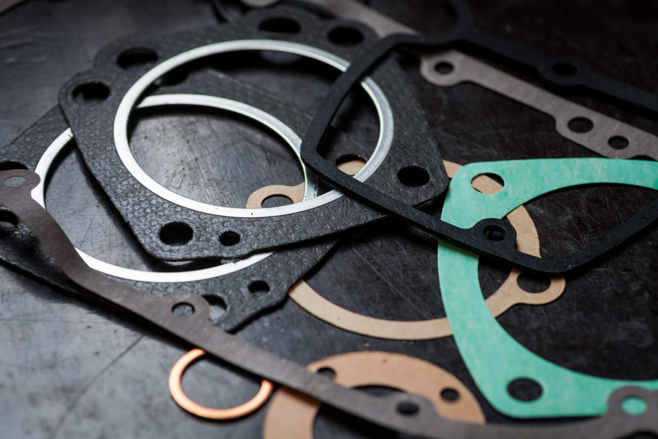 Close up shot of various engine gaskets.