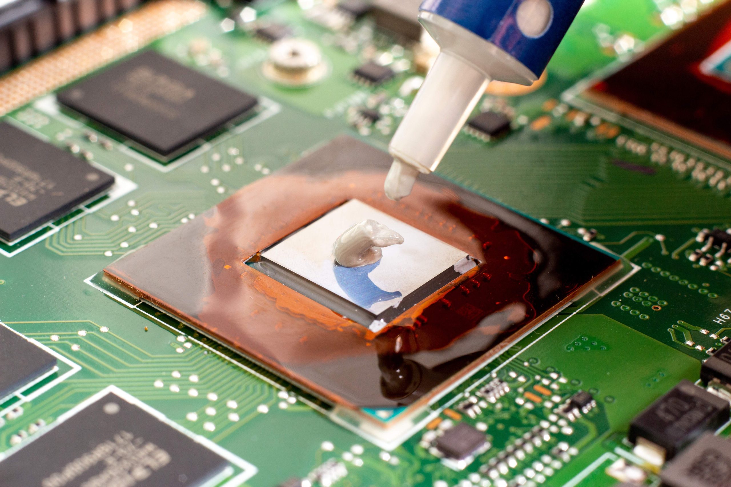 Thermal grease on a processor on a computer motherboard