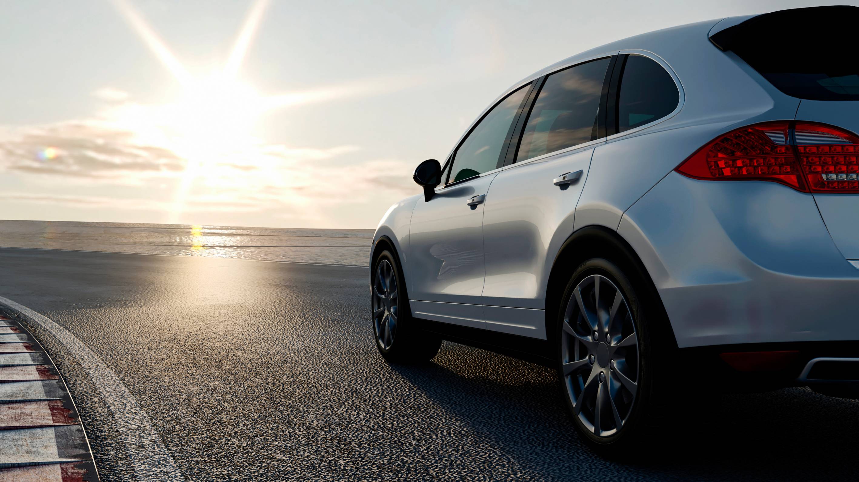 3d car sedan rides on the road to meet the sun, concept 3d render for advertising auto products
