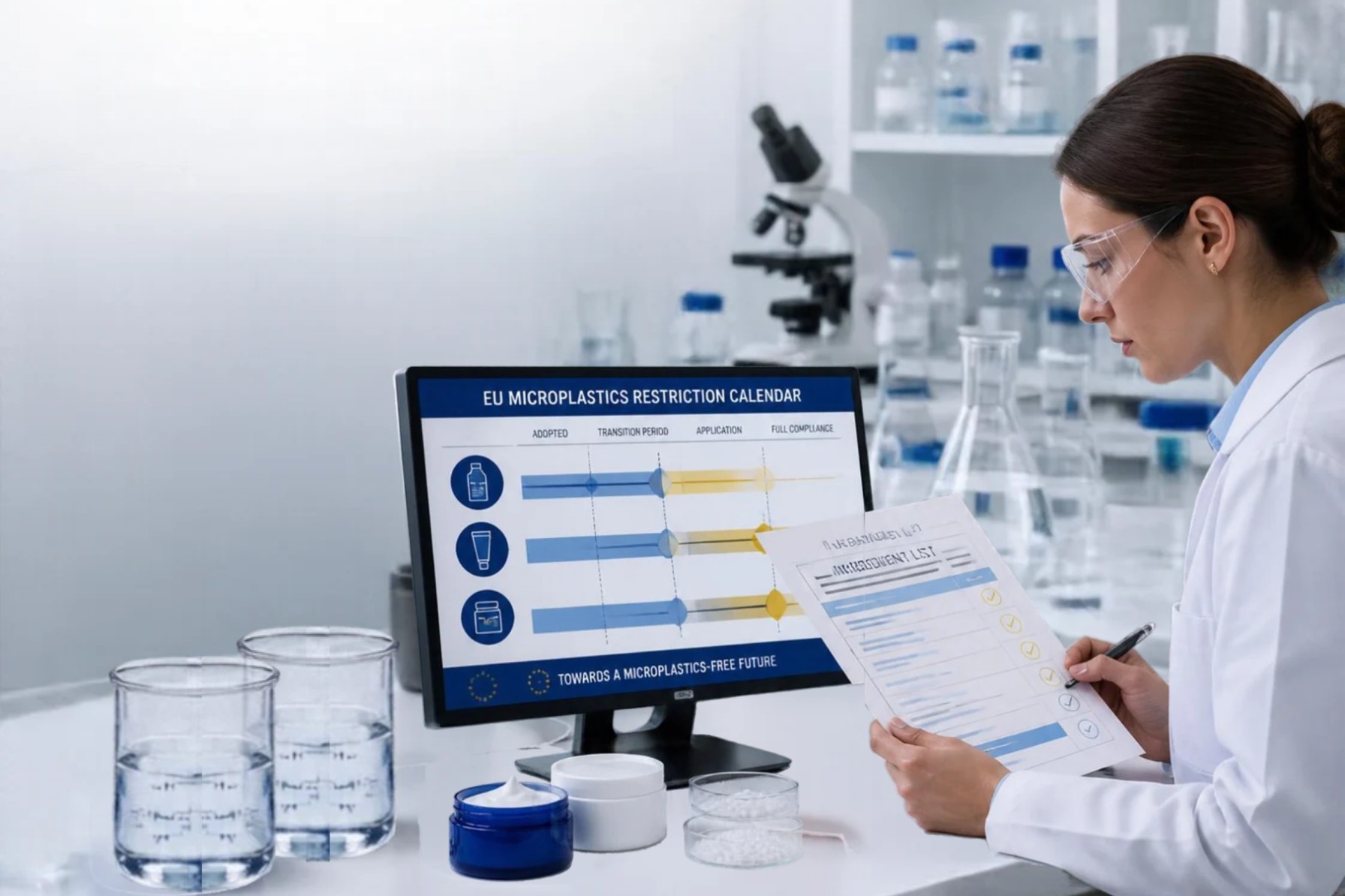 Cosmetic formulator reviewing an ingredient list against the EU microplastics restriction calendar